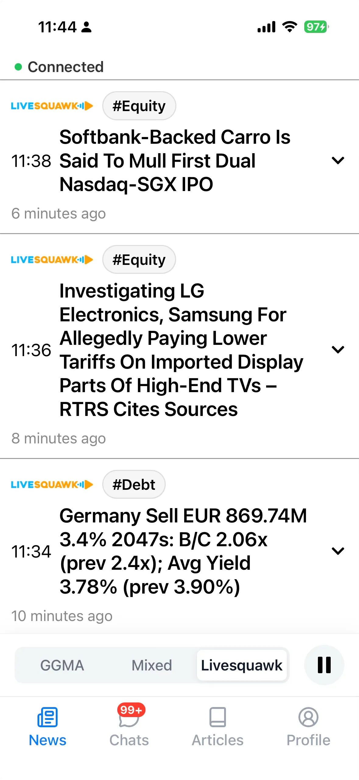 The live news feed — squawk playing (pause button visible)